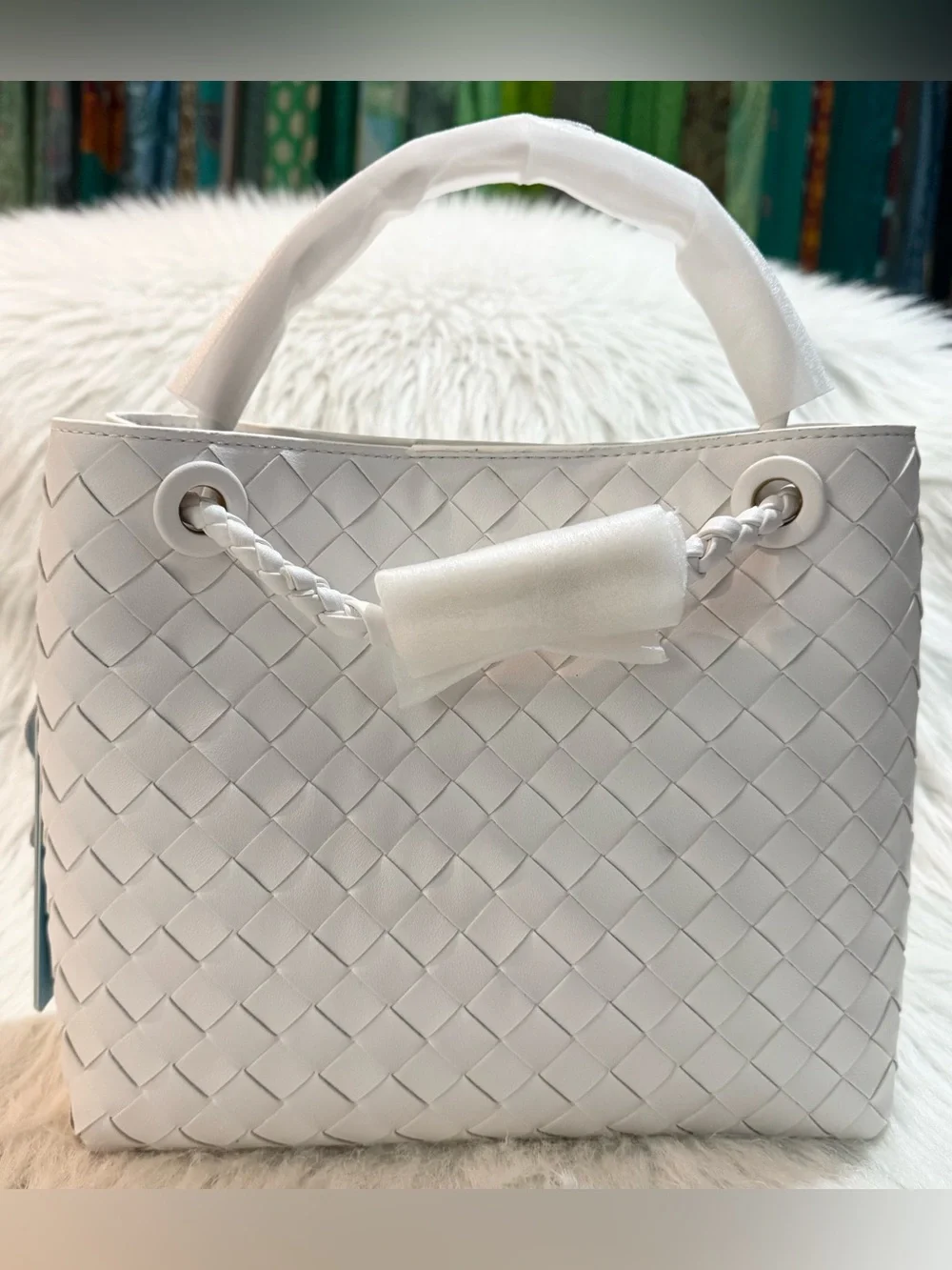 Tiffany & Fred Paris Woven Genuine Leather Satchel Crossbody Bag White NWT